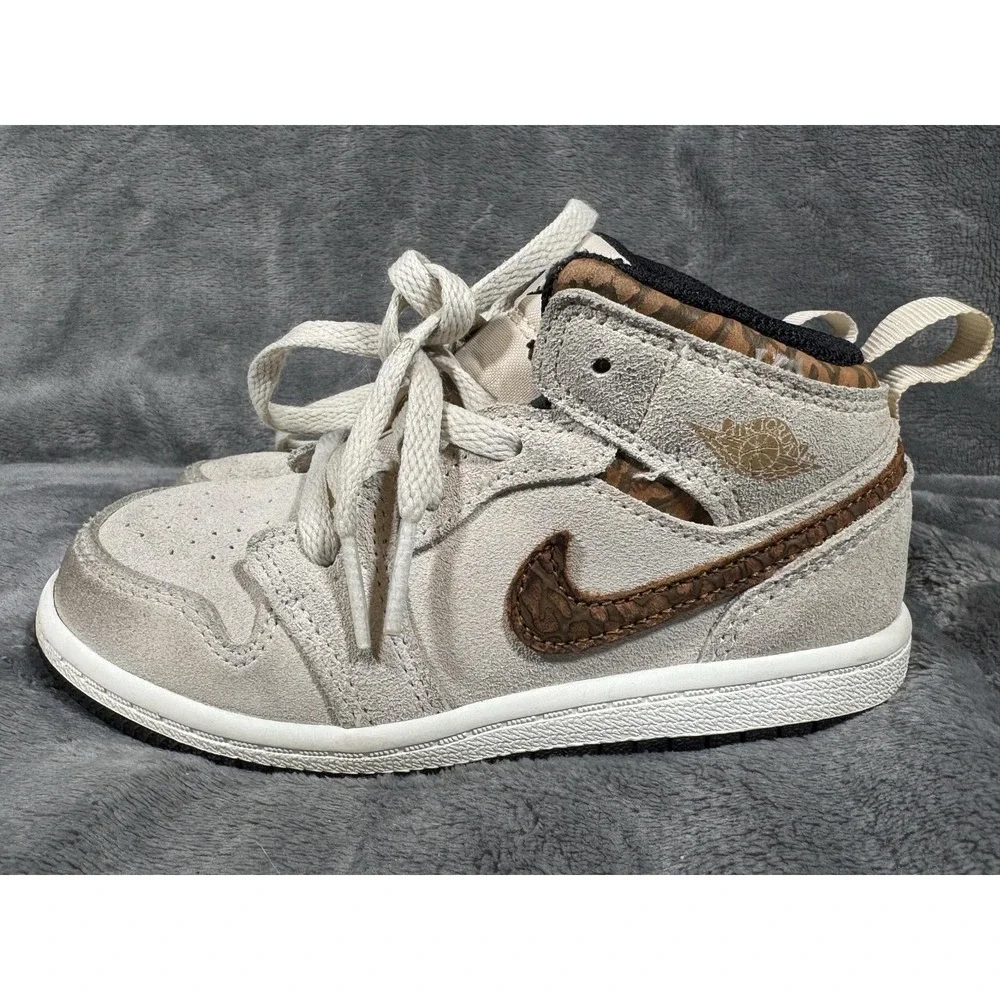 Jordan 1 Mid Shoes Kids Size 9C Beige Suede Animal Print Sneakers DZ5371-102